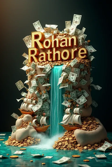 Make A 3d Name Logo Of "Rohan Rathore" Name, in Background Cash,Ship, Money Bag