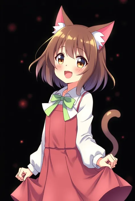 ear blush, by rubio, by the wide, swept bangs, Non-matching pupils, Sanpaku, cat ears, smile, animated style, tachi-e, High Definition, Black background, lifting skirt, Pussy