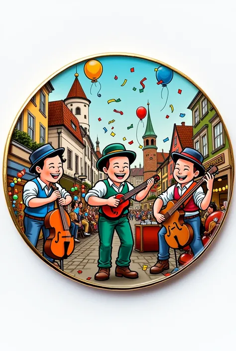 Create a round image for a pin. 

Contents: Jubilee tour of the Lombaseggl Musig from Dettingen. 1995 - 2025. we play at Fasnet, This should be included. Im Comic style