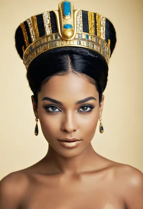 black hair woman with black hair and beautiful face, queen of egypt, gold,