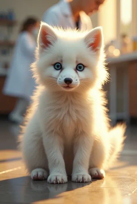 masterpiece, high quality portrait, 16 thousand., fluffy,loner，(Blue eyes, White hair，White hands，White legs:1.2),white students,lab coat，fox, Blue, white fur cub, ,skin_fang, Double link, warm light, sitting on their knees,Laboratory, Full Snapshot,author...