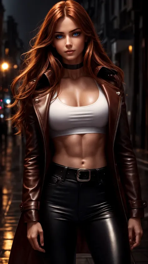 Seductive and confident look. White Shirt. Rainy night city. Huge arm muscles, triceps and biceps, visible veins. Slim muscular teenage european girl. Leather coat, Shiny leather pants. Long red hair. backlit, smirk, belt, backlit, perfect sultry make-up, ...