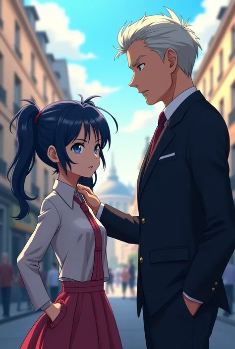 Generate a anime art of marinette duaain cheng , a teenage girl with dark blue pigtails and blue eyes glaring at gabriel agreste, tall middle age man with a sophisticated suit and expression putting a hand on her shoulder 