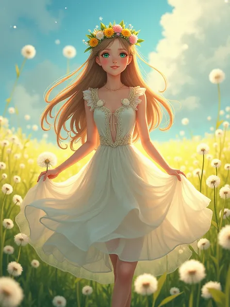 pretty girl, 1 girl, wearing a beautiful dress, long hair, flowers headband, in a dandelion field, highest quality, non-realistic, pretty picture, fantasy, realistic anime version