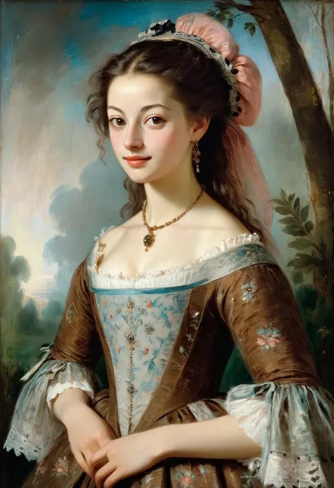 ((art Antoine Watteau style)) very charming young brunette, a slight mysterious smile from the shoulder, a dress with embroidered patterns, 15 century,((Antoine Watteau style)), The dark Renaissance, (fog, very scuffing), ((palette/oil painting palette kni...