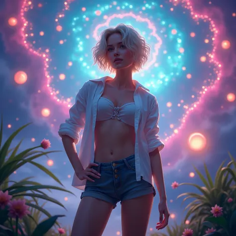 A woman with short blonde hair,lifted,resolucao 4k,Big boobs,cropped shirt, fantasy magic background,pantyrose.camera from head to toe.