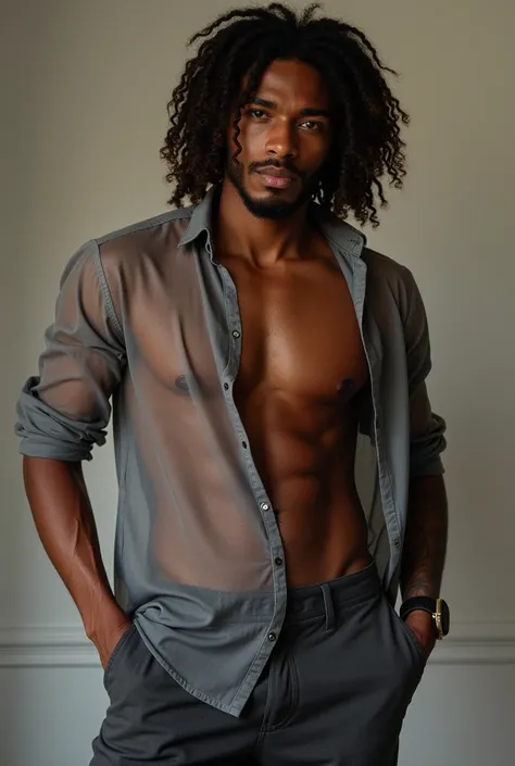 Mixed skin man(Guadeloupe, Martinique, France), 25 years old, long curly hair, long curly hair, braids, bite, erection, sexe, penis, sexual, Handsome and elegant,beardless, Wearing a transparent shirt, nude, nu, sexe, sexualité, sensualité, sexy , Masculin...