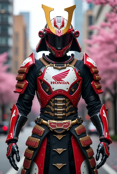 "Full-body futuristic samurai warrior, with armor inspired by Honda racing motorcycles. red and white color, with gold and black details. Honda logo on the chest, with a design that combines traditional Japanese elements with advanced technology. Helmet wi...