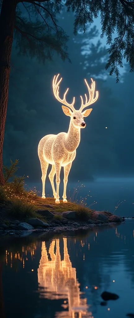 A whole deer of light on the edge of a lake in the middle of the forest and with fireflies. Extra quality.