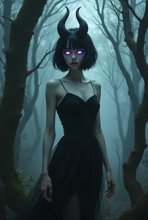 Beautiful demon woman, perfect face, skin as white as snow, black hair in inverted bob, black eyeliner, glowing purple eyes, small white horns. In a haunted forest, wearing a little black dress.