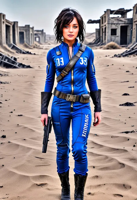 1 girl, ella purnell as vault resident 33 (fallout), black hair,muscular,walks along the postosha,endless desolations,ruins of h...