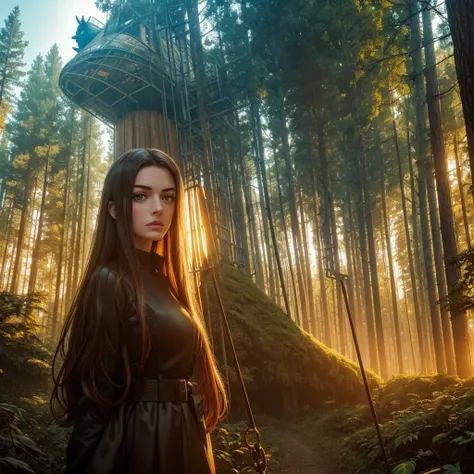 golden hour, paranormal activities, surreal illustration of a gigantic head of a beautiful young woman with face of Janina Porazińska morphed with Anne Hathaway with electronic hairdo, a colorful cyber forrest with weird trees, log cabin morphed with  giga...