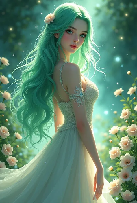 A Celestial Lobanil Goddess woman in anime with long beautiful green hair, white skin and dark eyes NFSW
