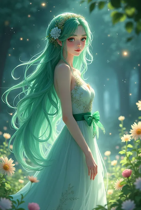 A Celestial Lobanil Goddess woman in anime with long beautiful green hair, white skin and dark eyes NFSW
