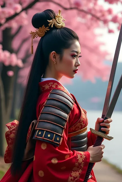 A beautiful geisha in samurai armor, black hair and eyes, Longhaire, wearing eyeliner and red lipstick, carries two katanas in his hands and in the background a feudal Japan style landscape with cherry trees.