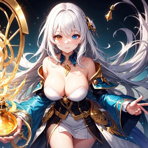 A beautiful girl inventor,An alchemist with white hair, heterochromia eyes - right golden and left blue - and a large chest.