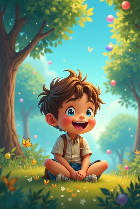 A cartoon boy with a cheerful, curious boy with an open laugh and sit on a ground with magical background.