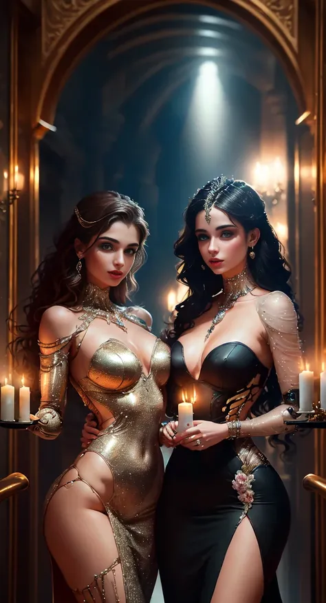 At the charity event, Recreated in photorealistic style, The hall is filled with high-society glamorous atmosphere. Elegant ladies in luxurious outfits with plumes and diamonds sparkle against the backdrop of the exquisite interior, Filled with flowers and...