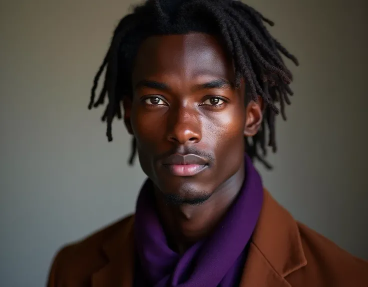 headshot of a very tall French-Nubian featured male model, relaxed waves parted to the side hair, toned body, ebony skin, vibrant purple eyes, shaved chin, tall thin toned body. Kind expression. Wearing brown and purple clothes.