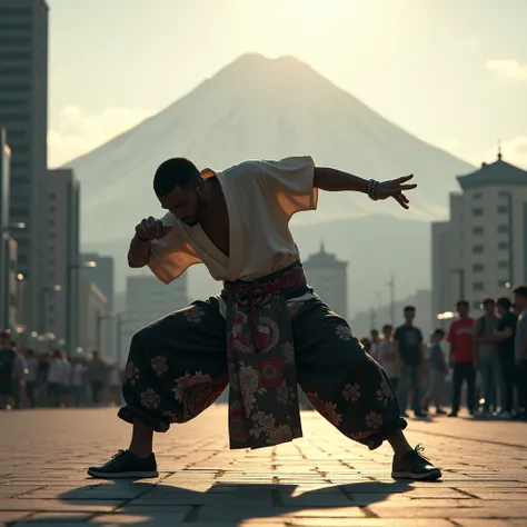 Japanese samurai bboy dressed in hip hop clothes, performing a radical breakdance in front of the urban buildings of the Tokyo metropolis, with the volcano in sharp focus and the background blurred, creating a cinematic atmosphere. The bboys pose should co...