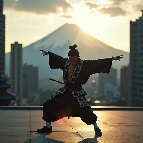 Japanese samurai bboy dressed in hip hop clothes, performing a radical breakdance in front of the urban buildings of the Tokyo metropolis, with the volcano in sharp focus and the background blurred, creating a cinematic atmosphere. The bboys pose should co...