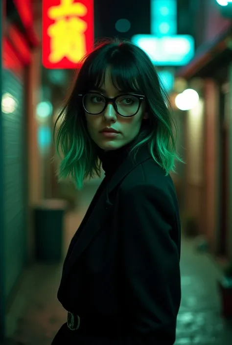 Woman with dark hair, shoulder length hair with green highlights, wearing glasses and dark clothes
