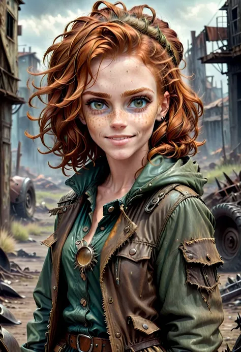 (Realistic:1.2), ultra detailed, modern analog style, photorealistic cute woman, chestnut hair, tattered outwear, post-apocalyptic, detailed face, beautiful eyes, (shy smile:0.7), freckles, holding a big staff, exhausted after another battle, dramatic, vib...