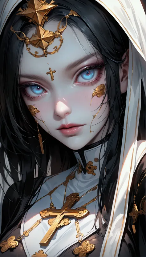 
a close up of a woman with a cross on her face, a hyperrealistic painting inspired by Yanjun Cheng, trending on Artstation, hyperrealism, detailed painting 4 k, detailed portrait of madonna, karol bak uhd, james jean and wlop, karol bak of emma watson nun...