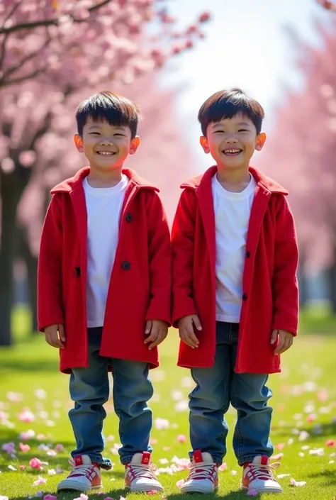 Two twin Chinese boy kid wearing a Red coat and White t-shirt in same time