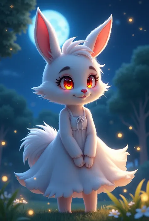 furry girl,ultra detailed fur,park,white dress,moonlight,blush,smile,looking at viewer, bunny ears, one eye red and the other yellow