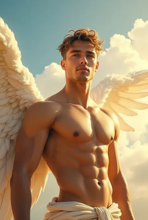 Handsome shirtless man angel with short hair