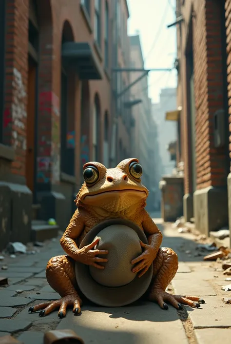 Homeless poor toad with a hat in hand begging in realistic style