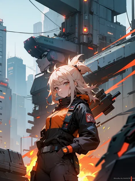 Girl Mecha and explosion city cyberpunk 