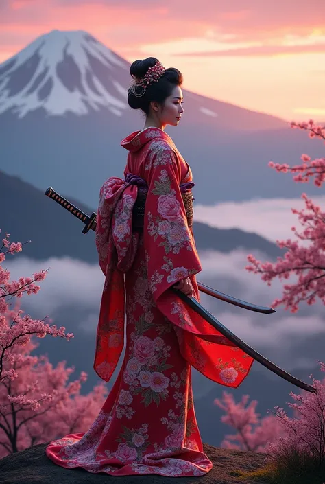 A geisha dressed in a colorful and detailed kimono, with floral or geometric patterns. She wields a katana with elegance, standing out against a backdrop of mountains or a traditional Japanese landscape. The atmosphere can be enriched with elements such as...