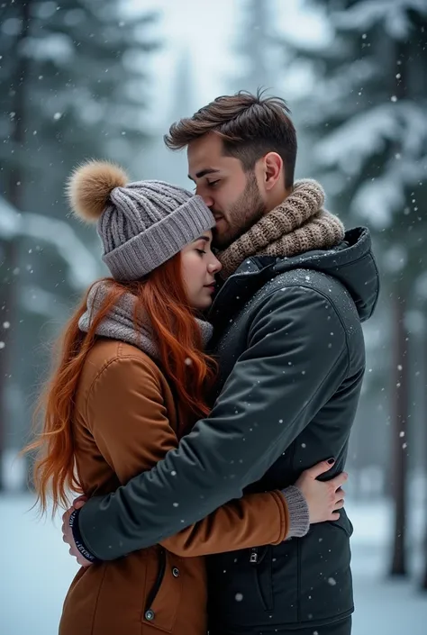 A  couple hug each other under the snow scenery
