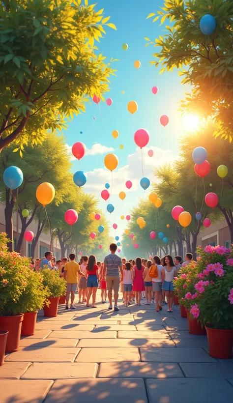 Bright and Cheerful Backdrop: The school entrance with colorful balloons, fresh flowers and golden sunlight streaming through the trees creates a welcoming and festive atmosphere on the first of September.