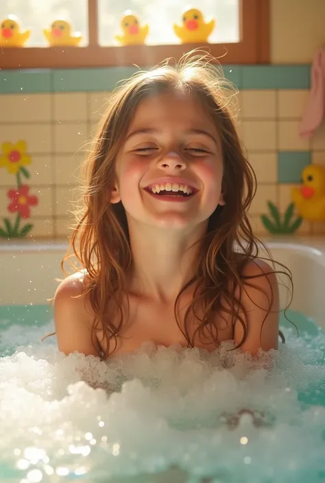 10 year old girl bathing. Beautiful 4k 