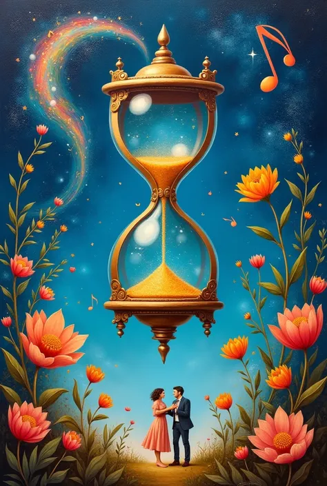 Surrealist painting about the joy of living, with a background of celestial tones,  that includes an hourglass in the center, and in the 4 corners there are elements (music, flores, family) different in relation to the central idea