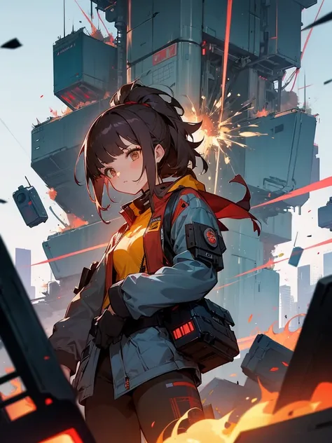 Girl Mecha and explosion city cyberpunk