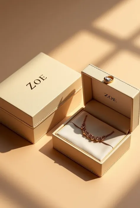 Create rectangular jewelry boxes in plain pastel golden color, closed and open with chain inside with the name ZOE in serif font