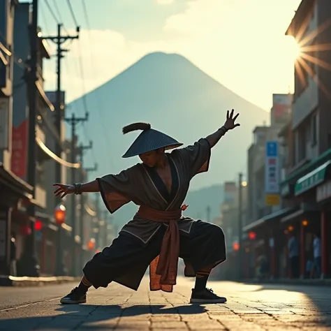 Japanese samurai bboy dressed in hip hop clothes, performing a radical breakdance in front of the urban buildings of the Tokyo metropolis, with the volcano in sharp focus and the background blurred, creating a cinematic atmosphere. The bboys pose should co...