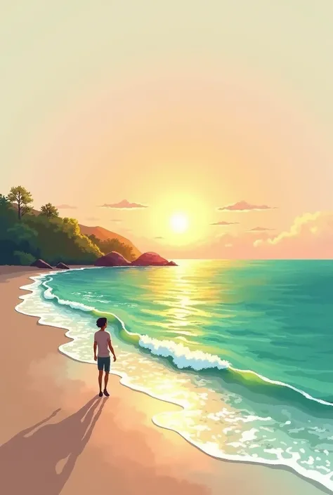 minimalist vector image in watercolor painting style with a person walking in a beautiful sunrise on the island, a secluded beach with small waves gently lapping the shore, and an open view of a calm emerald sea, the sun breaking the horizon with rays of r...