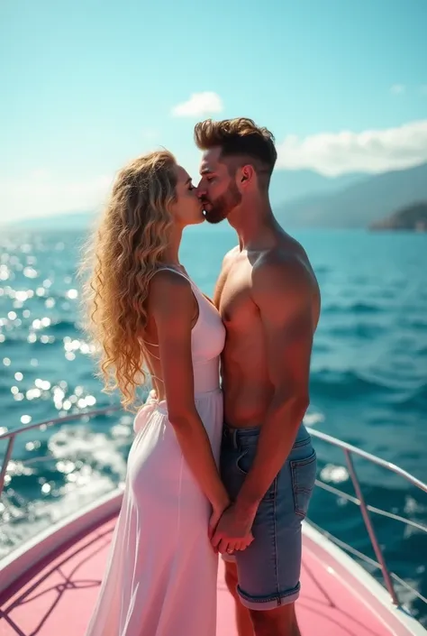 View of seeing from behind perfect model type body big boobs tits so long curly blonde hair girl kissing taller perfect handsome boyfriend from behind they both stand on huge luxury pink yacht see huge wonderful blue sky and blue ocean 