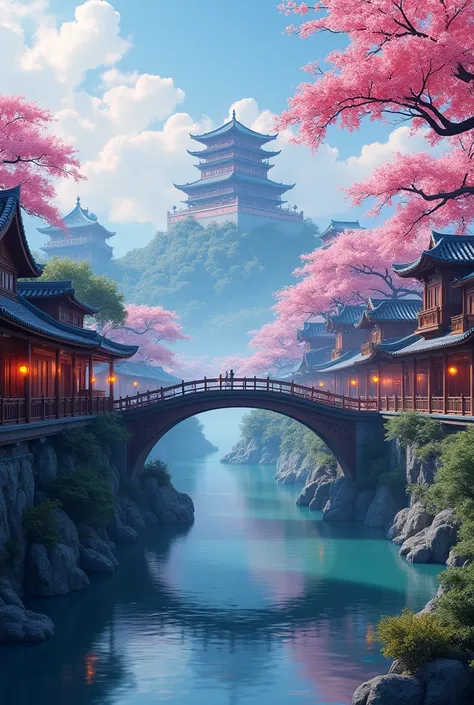 painting of a chinese village with a bridge over a river, ross tran. scenic background, digital painting of a pagoda, cyberpunk chinese ancient castle, dreamy chinese town, highly detailed digital painting, very detailed digital painting, detailed scenery ...