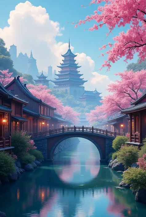 painting of a chinese village with a bridge over a river, ross tran. scenic background, digital painting of a pagoda, cyberpunk chinese ancient castle, dreamy chinese town, highly detailed digital painting, very detailed digital painting, detailed scenery ...