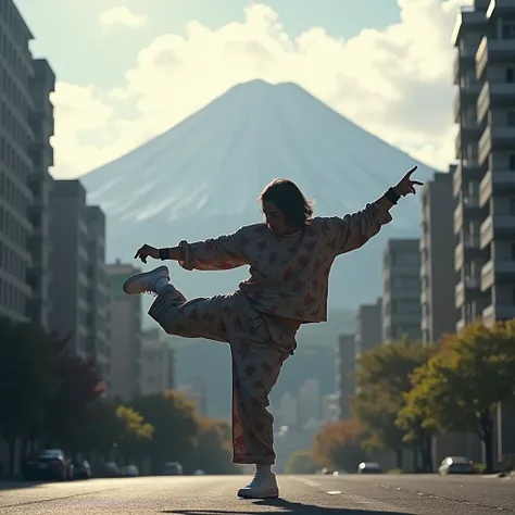 Japanese Bboy wearing hip hop clothes, performing a radical breakdance in front of the urban buildings of the Tokyo metropolis, with the volcano in sharp focus and the background blurred, creating a cinematic atmosphere. The bboys pose should convey streng...