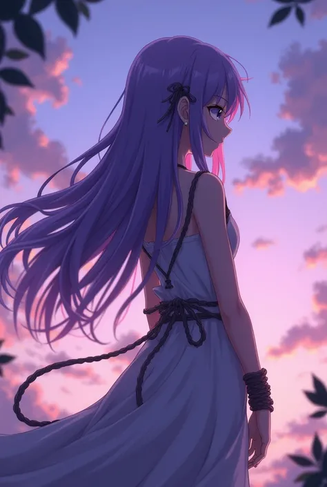 Anime girl  wrists tied up with ropes view from behind