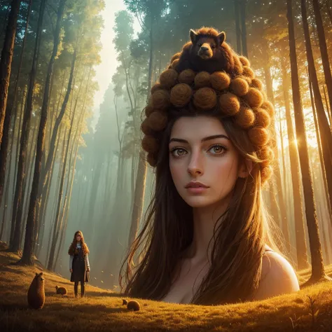 golden hour, paranormal activities, surreal illustration of a gigantic head of a beautiful young woman with face of janina poraz...