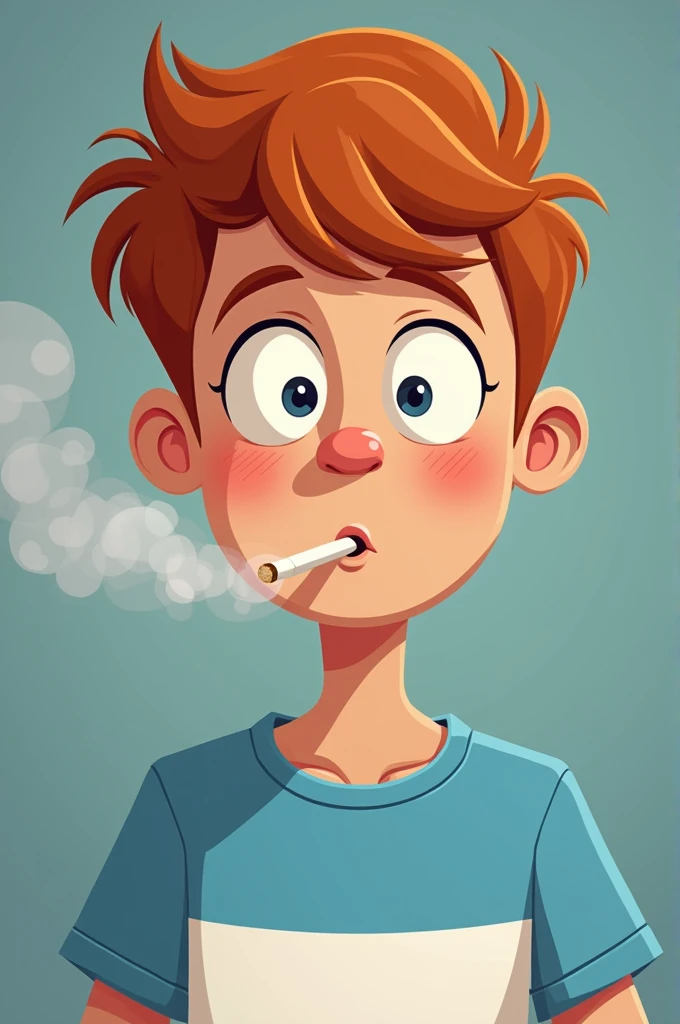 Red-brown haired teenager in a blue and white striped t-shirt smokes a cigarette in cartoon style