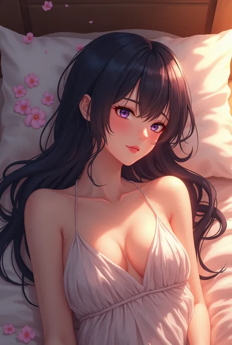 (Anime:1.2), beautiful woman, lying on bed, undress, wet , big boobs